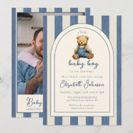Blå Jean Teddybjörn Foto QR-kod Pojke Baby Shower Inbjudningar