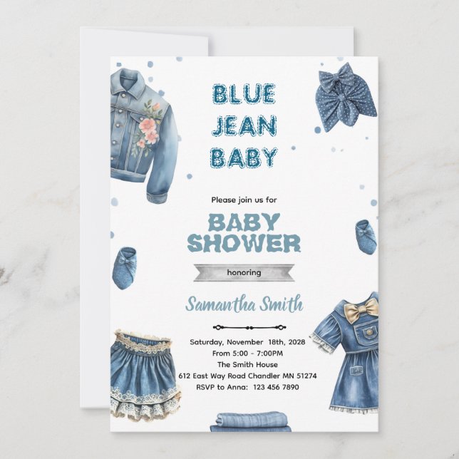 Blå jean tjej baby shower inbjudan (Framsida)