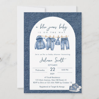 Blå jeans Baby Denim klädkollektion Baby Shower  Inbjudningar