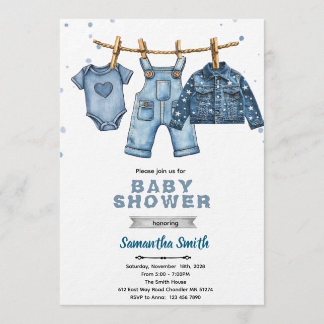 Blå jeans baby shower inbjudan (Framsida)