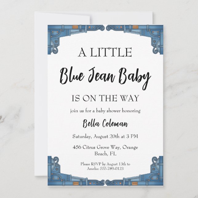 blå jeans baby shower inbjudningar (Framsida)