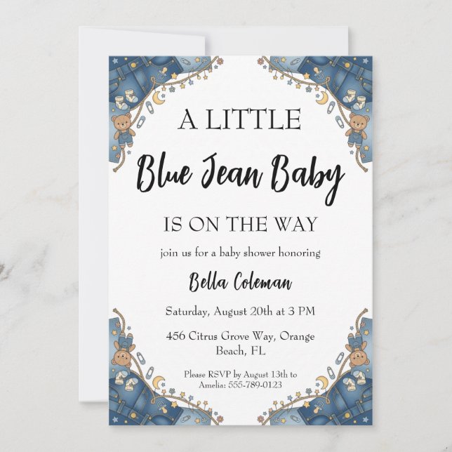blå jeans baby shower inbjudningar (Framsida)