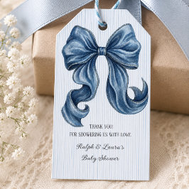 Blå jeans båge baby shower presentetikett