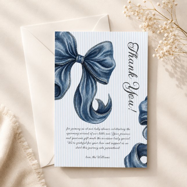 Blå jeans båge baby shower tack kort (Skapare uppladdad)