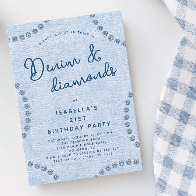 Blå jeans denim och diamanter 21-årsfest inbjudningar (Blue Jeans Denim and Diamonds 21st Birthday Party Invitation)