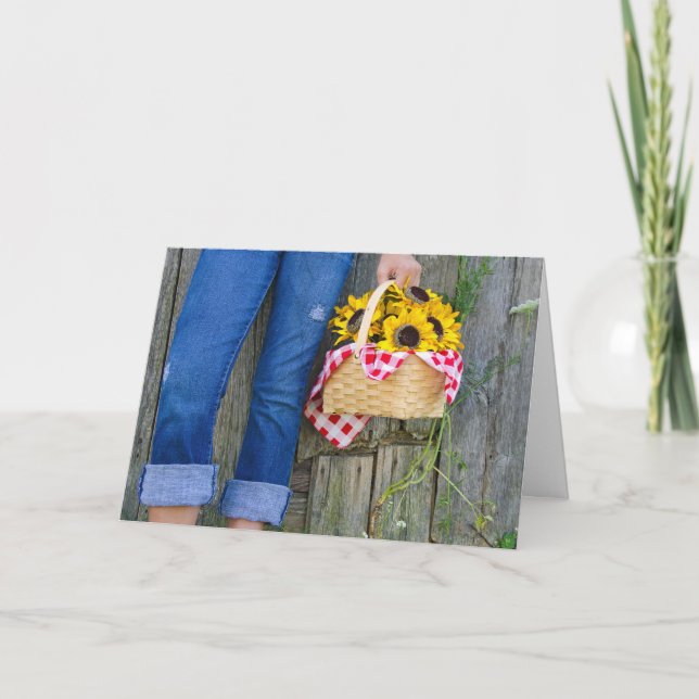 blå jeans och solblommor kort (Framsida)