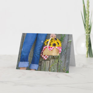 Blå jeans och solrosor basket födelsedag kort