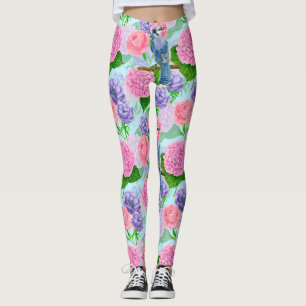 Blå jö och blommor, vattenfärg mönster leggings