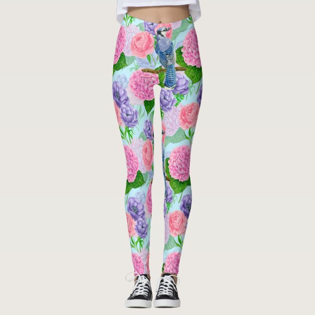 Blå jö och blommor, vattenfärg mönster leggings (Framsida)