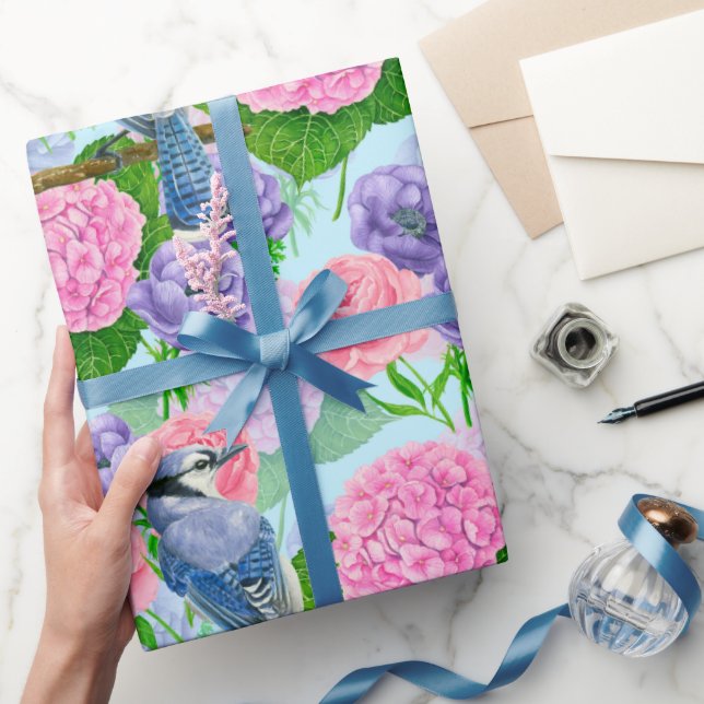 Blå jö och blommor, vattenfärg mönster, omslagning presentpapper (Gifting)