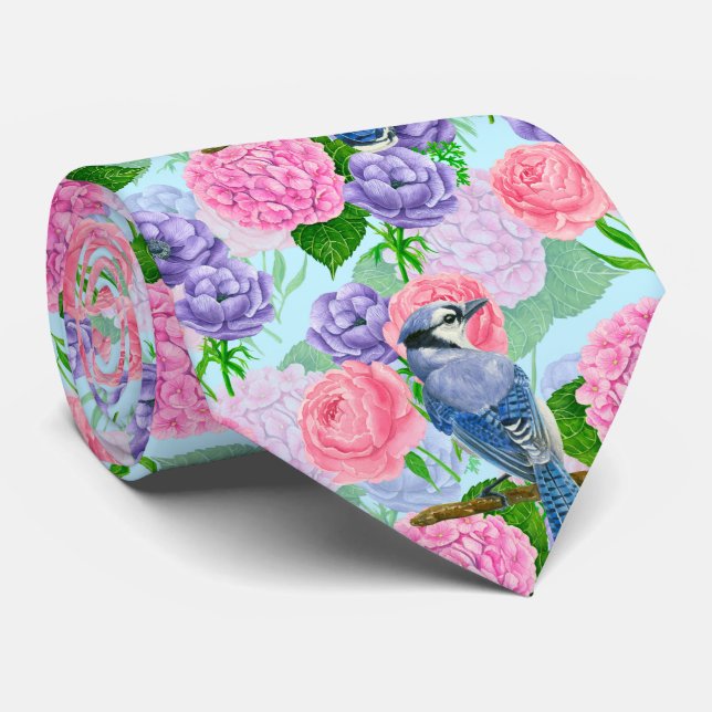 Blå jö och blommor, vattenfärg mönster slips (Rullad)