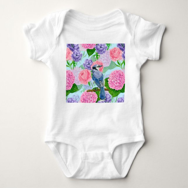 Blå jö och blommor, vattenfärg mönster t shirt (Framsida)