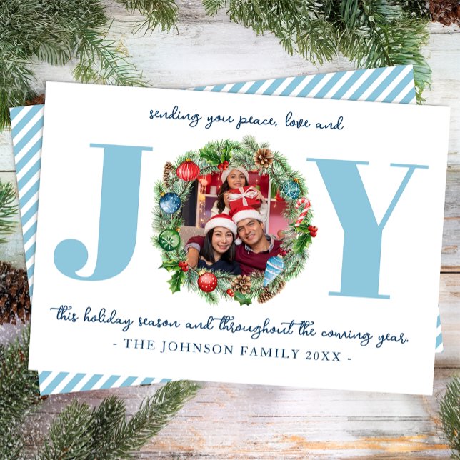 Blå JOY Krans Jul Foto Kort (Blue Photo Holiday Card)