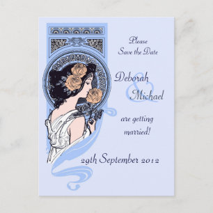 Blå jugendstil Save the Date vykort
