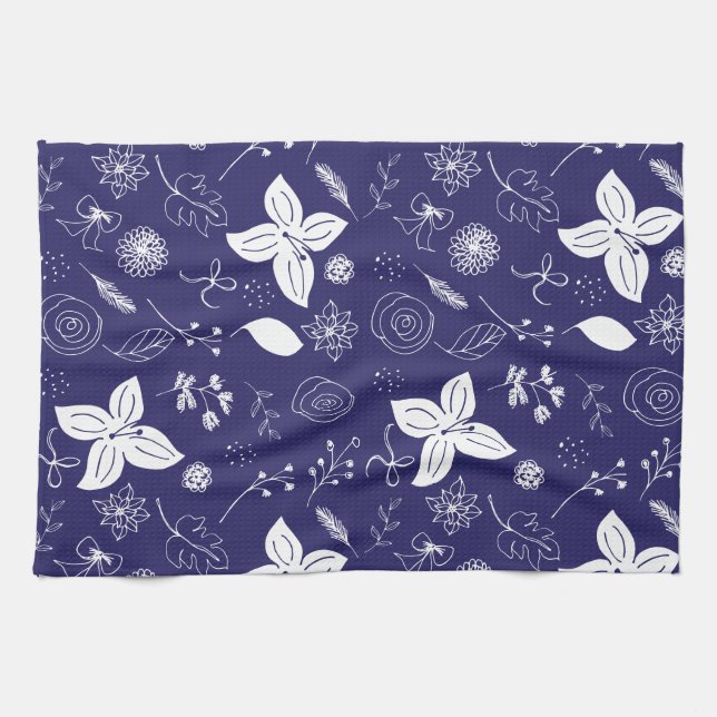 Blå jul i marinblå marinblå kökshandduk (Horisontell)