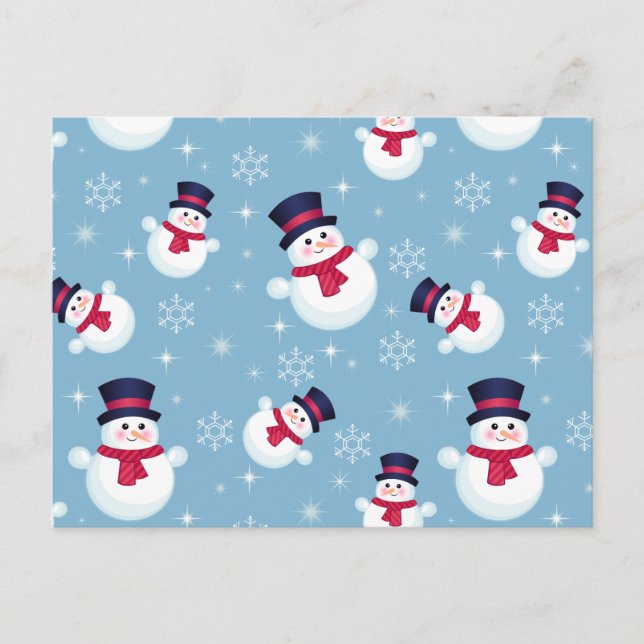 Blå jul Mönster med Snögubbar och Snöflingor Helg Vykort (Framsida)