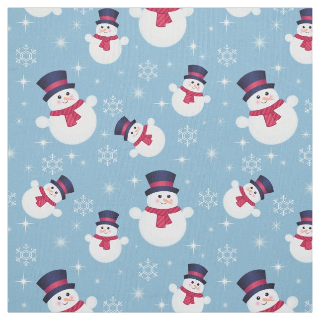 Blå jul Mönster med Snögubbar och Snöflingor Tyg (Provkarta)