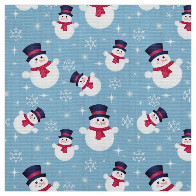 Blå jul Mönster med Snögubbar och Snöflingor Tyg (Provkarta)