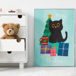 Blå Jul Rolig Katt Kaffe Väggkonst