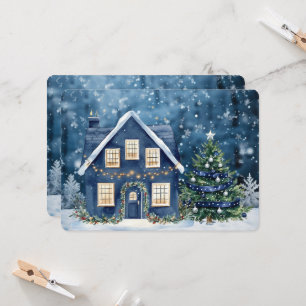Blå jul snö vinter scen hus