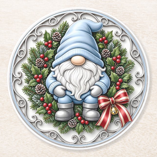 Blå Jul Tomte Underlägg Papper Rund (Framsidan)