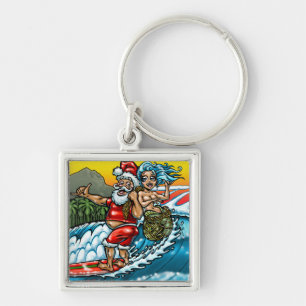 Blå julafton Surfing Santa Illustration Fyrkantig Silverfärgad Nyckelring
