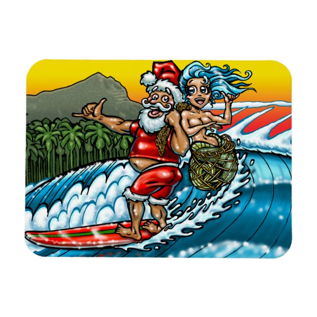 Blå julafton Surfing Santa Illustration Magnet (Horisontell)
