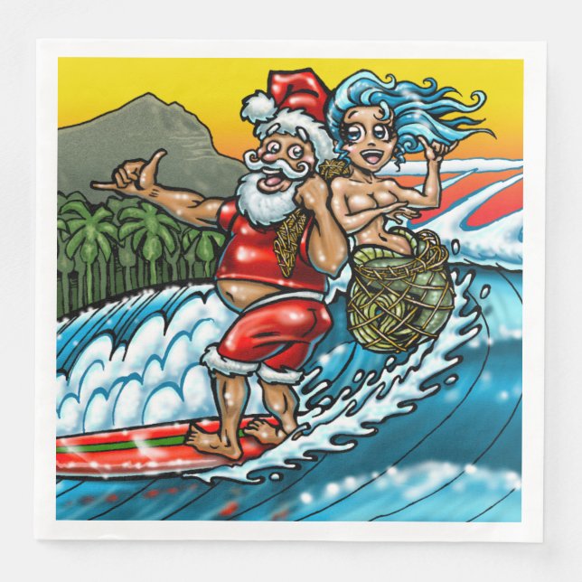 Blå julafton Surfing Santa Illustration Pappersservett (Framsida)