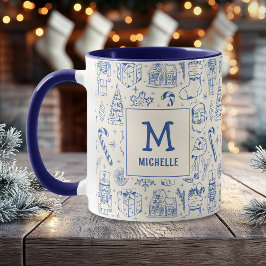 Blå juldoodle Monogram och Namn Mugg
