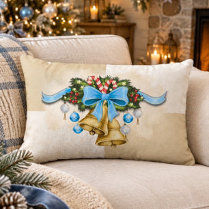 Blå julfirande klockor och ornament lumbarkudde