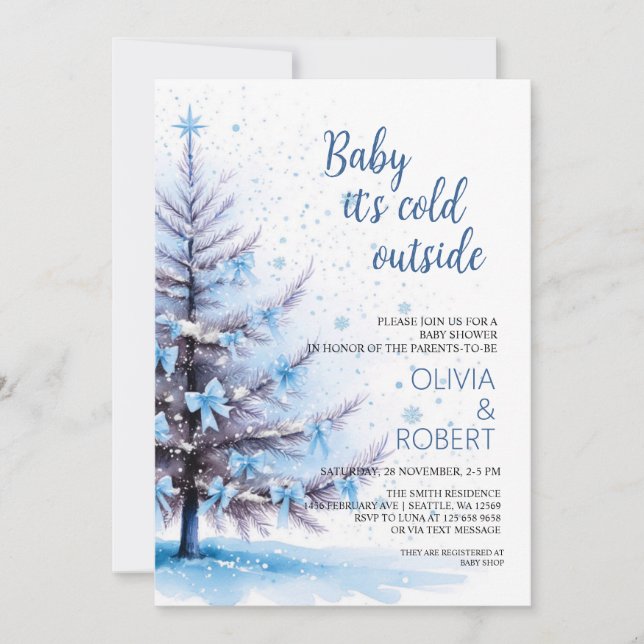 Blå julgran Baby Shower  Inbjudningar (Framsida)