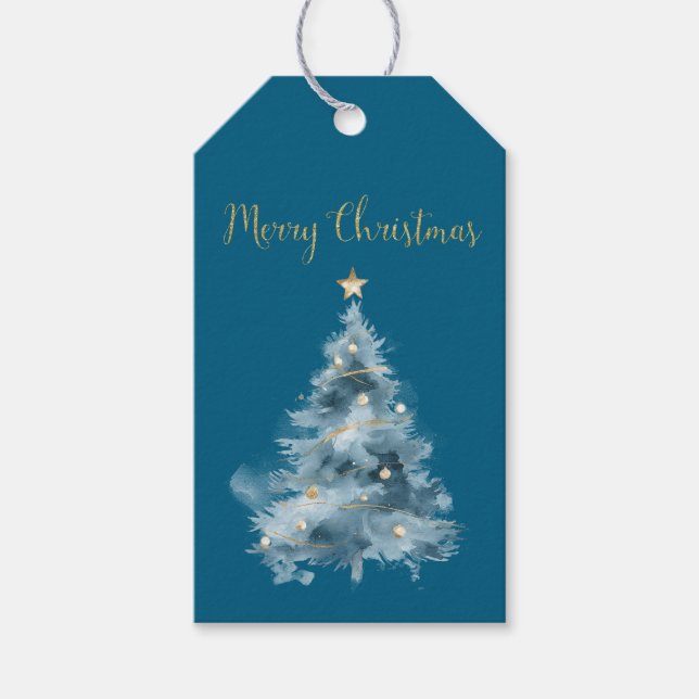 Blå Julgran Guld stjärnorna Glitter jul Presentetikett (Framsidan)