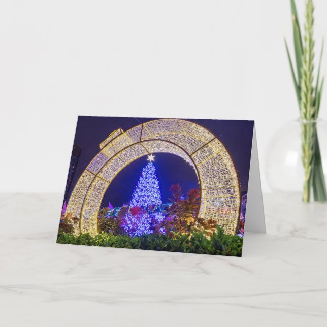 Blå julgran inramad i en julboll kort (Framsida)