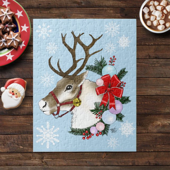 Blå julgran med festlig krans av renar  pussel (Skapare uppladdad)