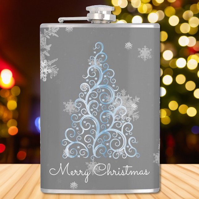 Blå Julgran- och Snöflingor-kolv Fickplunta (Blue Christmas Tree and Snowflakes Flask)