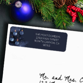 Blå julgran & prydnader returadress etikett