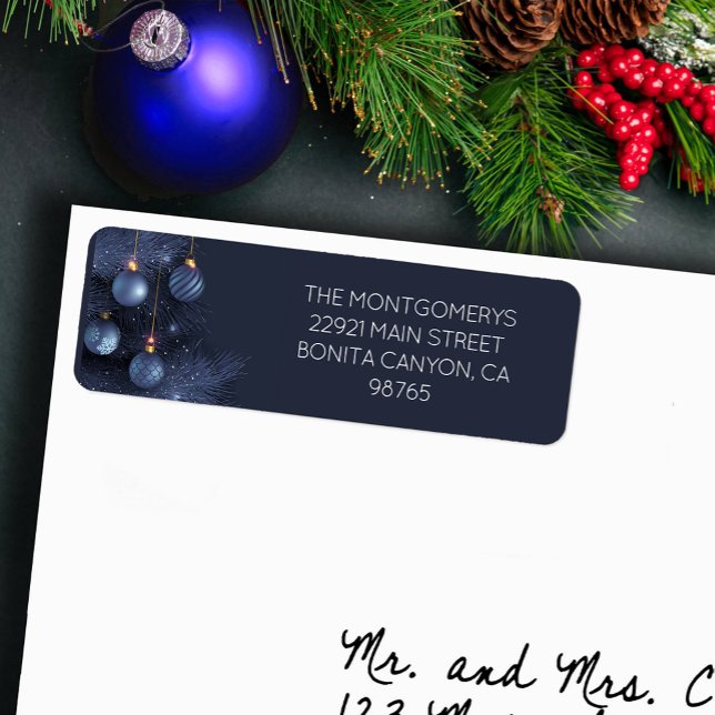 Blå julgran & prydnader returadress etikett (Blue Christmas tree and blue ornaments return address labels)