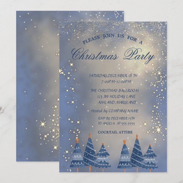 Blå Julgranar juldel Inbjudningar (Fram/baksida)