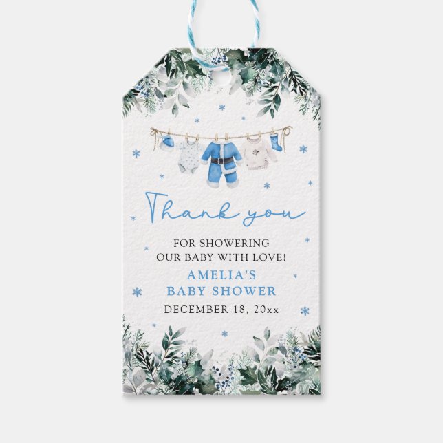 Blå julklapp för julklapp i Baby Baby Shower Presentetikett (Framsidan)