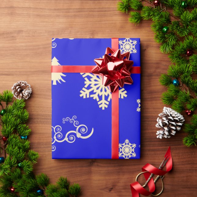 Blå julklapp med Cream Snöflingor Presentpapper (Skapare uppladdad)