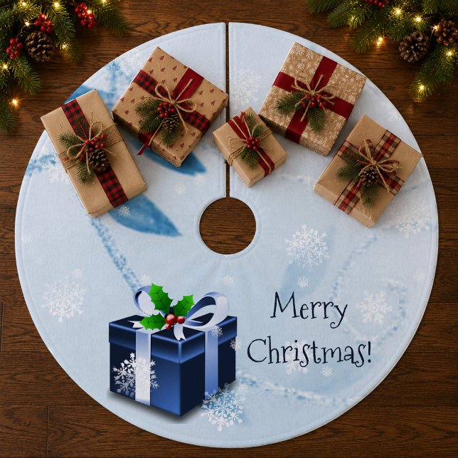 Blå julklapps trädskört julgransmatta fleece (Blue Christmas Gift Tree Skirt)