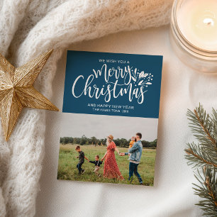 Blå julkort - Familjefoto jul Vykort