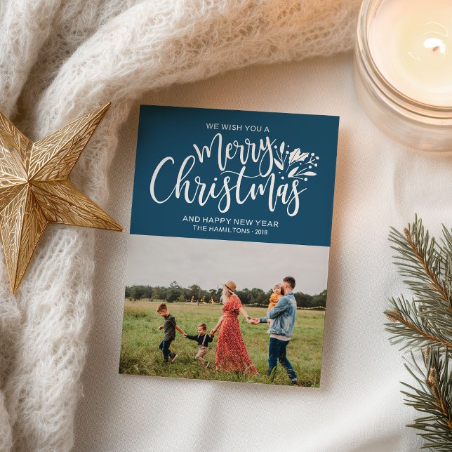 Blå julkort - Familjefoto jul Vykort (Skapare uppladdad)