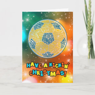 Blå julkort för fotbolls-Bolltypografi Helgkort