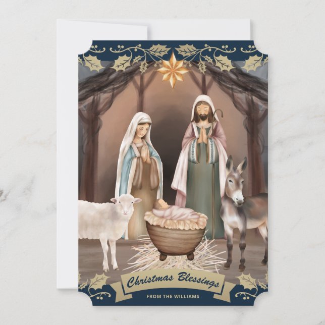 Blå julkrubba kristen jul julkort (Framsida)