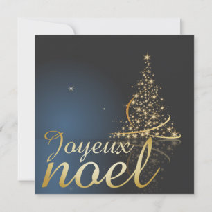 Blå julmotiv med gyllene julgran inbjudningar