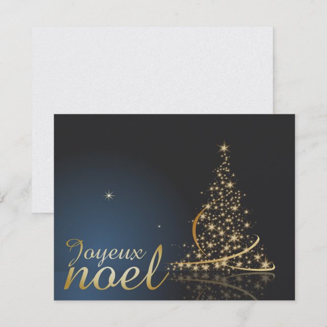 Blå julmotiv med gyllene julgran inbjudningar (Fram/baksida)