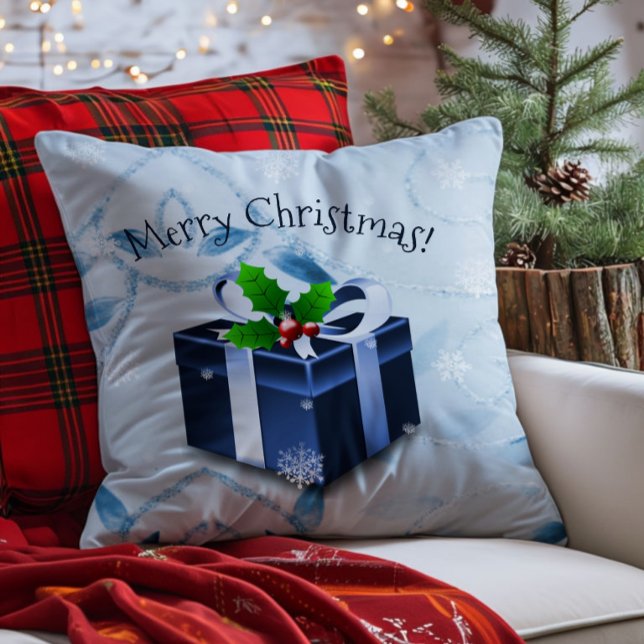 Blå julpresent Kuddcover Kudde (Blue Christmas Gift Throw Pillow)
