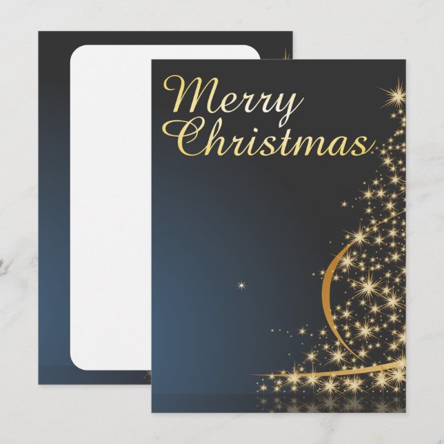 Blå julstämning med gyllene julgran inbjudningar (Fram/baksida)