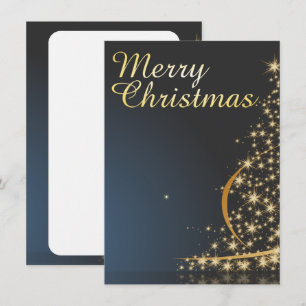 Blå julstämning med gyllene julgran inbjudningar